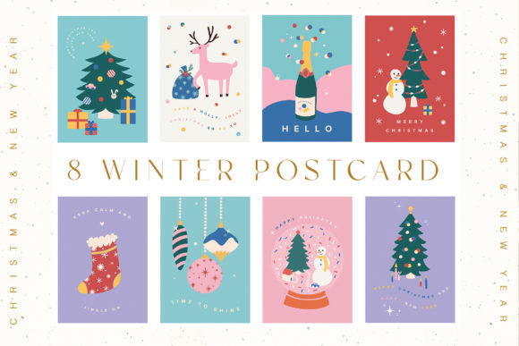 8 Winter Christmas Postcard Set: Festive Illustrations