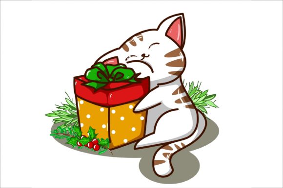 A White Cat Hug the Christmas Present: Festive Illustrations
