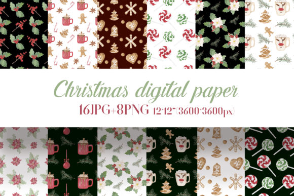 Christmas Digital Paper, Pattern: Festive Illustrations