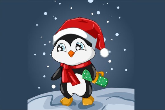 Cute Baby Penguin Wearing Christmas Hat: Festive Illustrations
