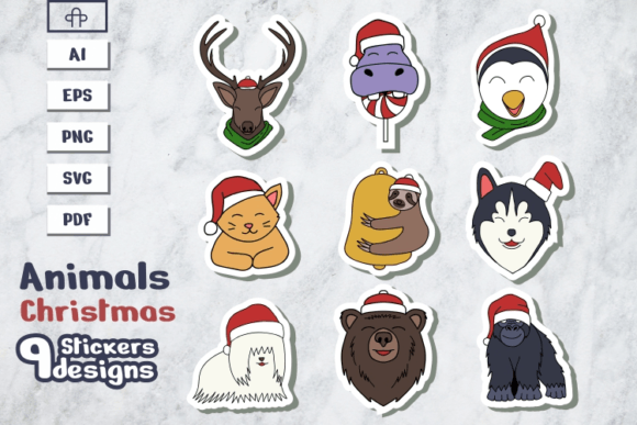 Merry Christmas Animal Sticker Vector: Festive Illustrations