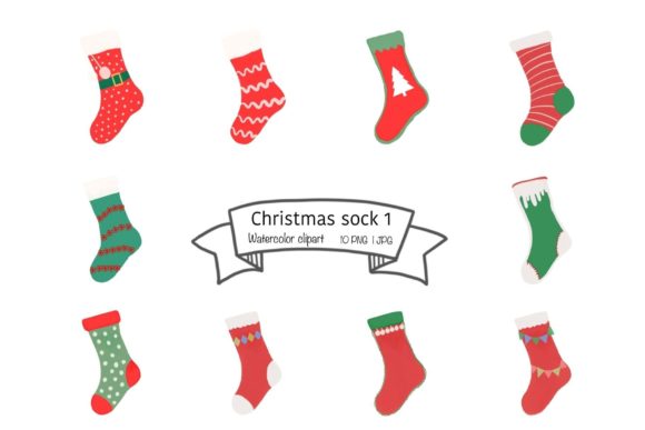 Watercolor Christmas Sock Set 1: Festive Illustrations